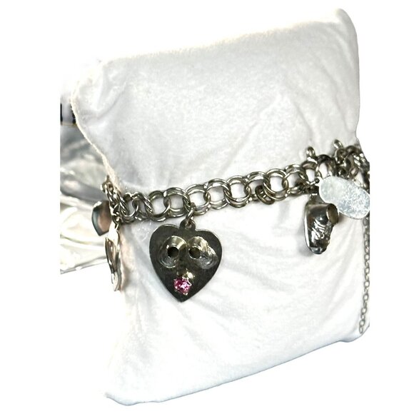 Vintage Forstner Charm Bracelet With Heart & Cross Charms And Pink Stone Accent - Picture 2 of 16